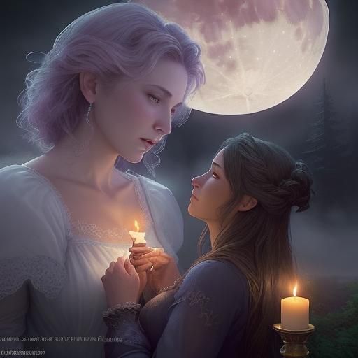 Romantic Candlelit Dinner Under Giant Moon, Hyperrealistic