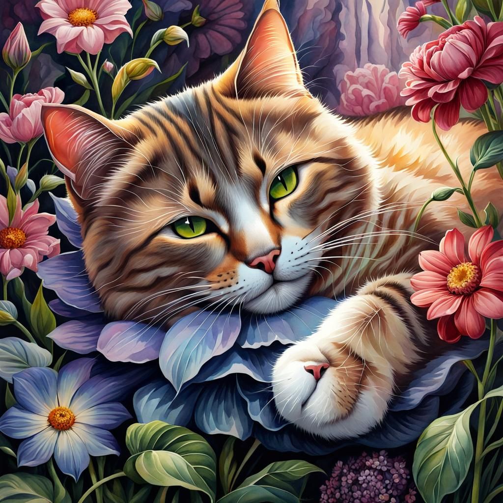 Cat Nap in Giant Flower Watercolor Fantasy