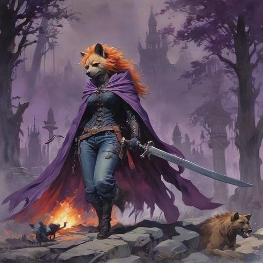 Furry Hyena Warrior in Dark Fantasy Watercolor