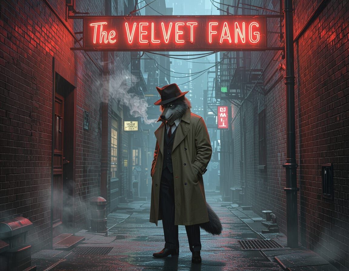 Wolf Detective in Rainy Alley, Film Noir Style
