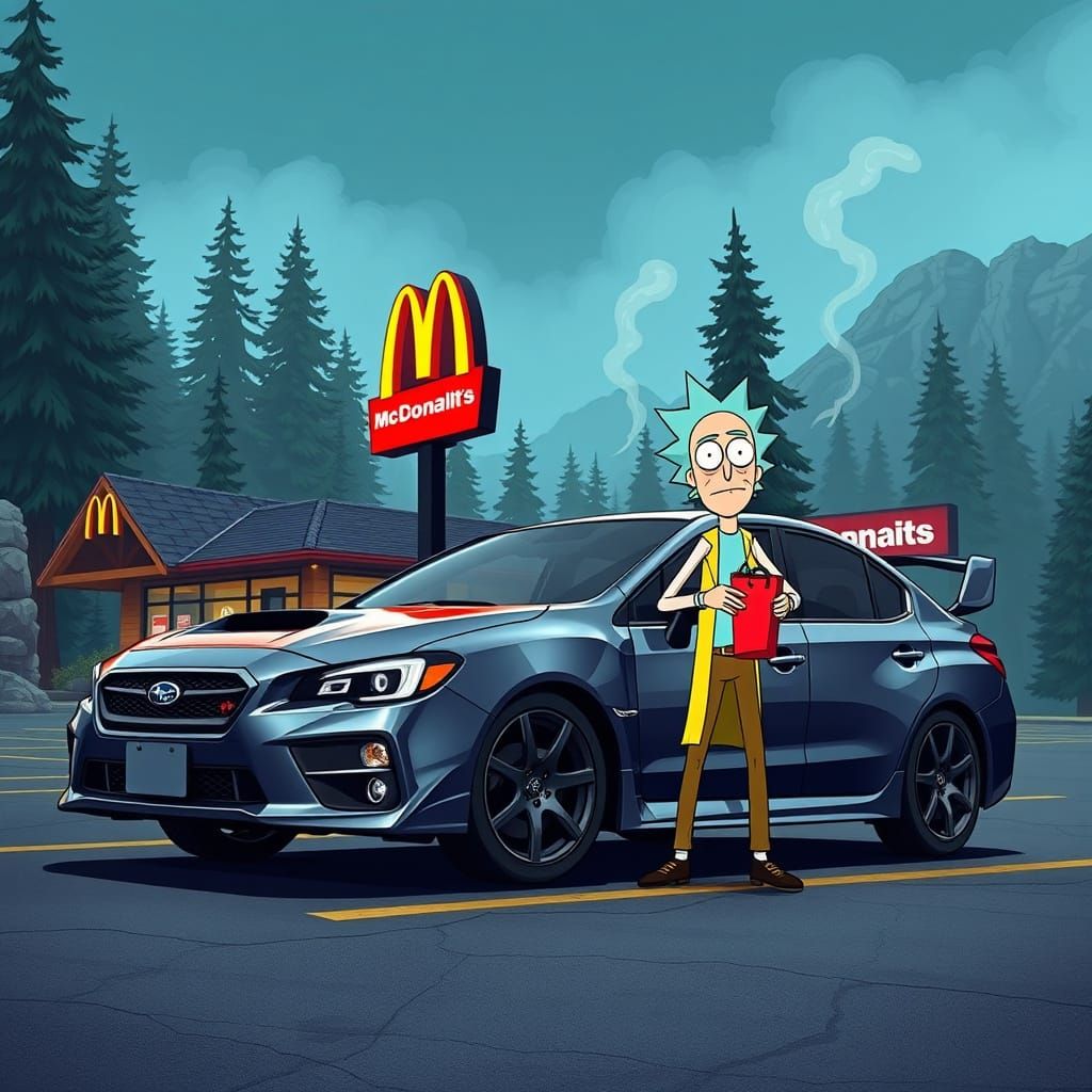 Dark Grey 2013 Subaru WRX Impreza with Rick and Morty in Mou...