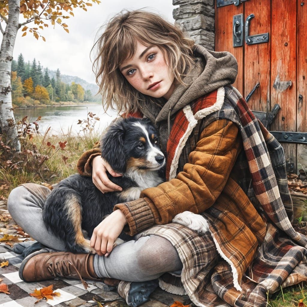Autumnal Watercolor: Girl with Puppy in Woodland Scene