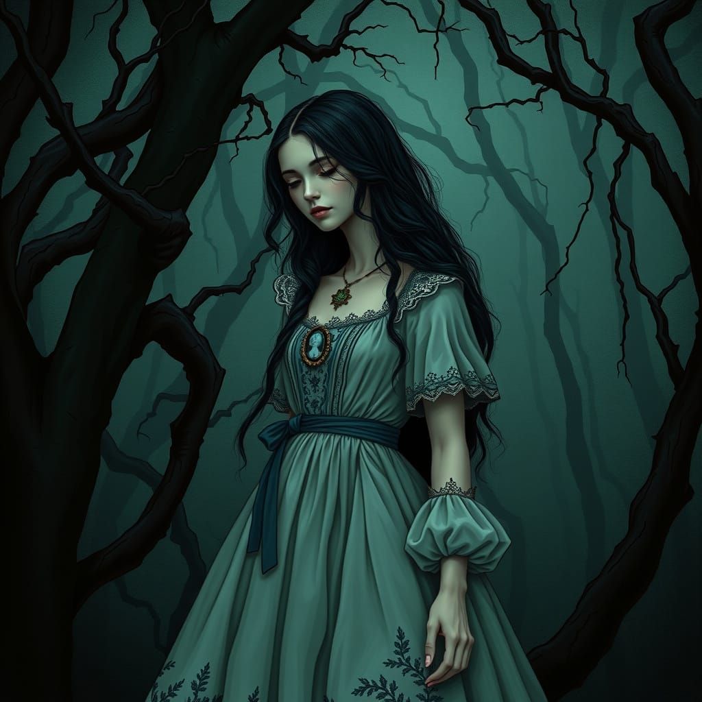 Ethereal Victorian Mourning Beauty in a Haunting Forest Land...