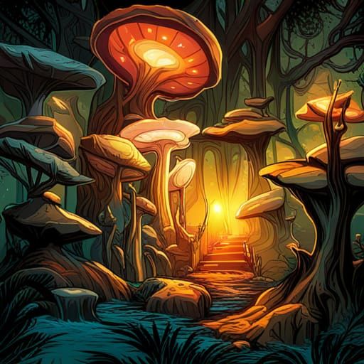 Mushroom Treehouse in a Colorful Rainforest in Space