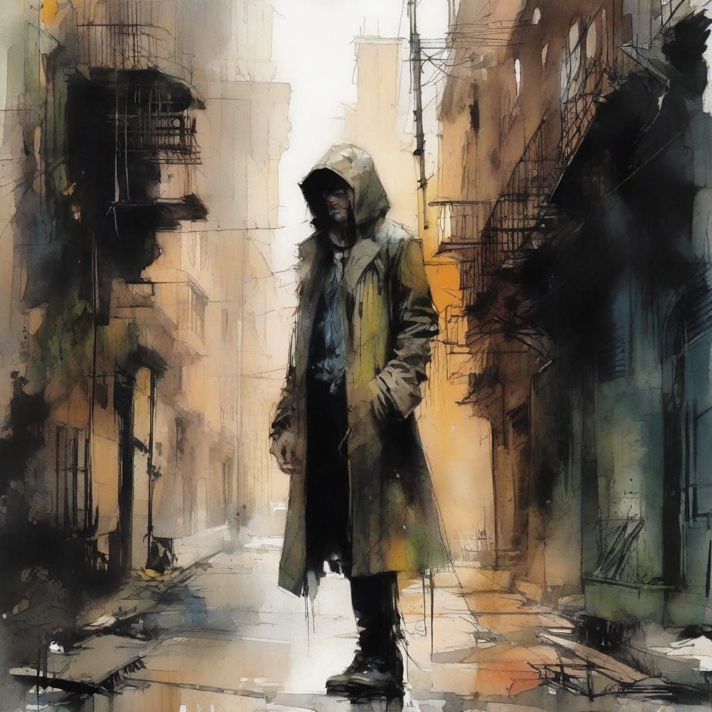 Dystopian Vagrant in Post-Apocalyptic Watercolor Alley