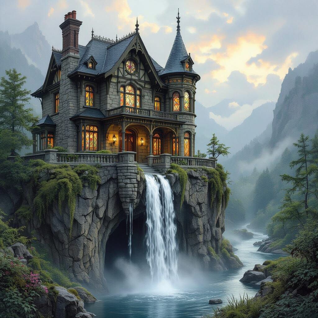 Victorian House with Waterfall in Fantasy Landscape Style
