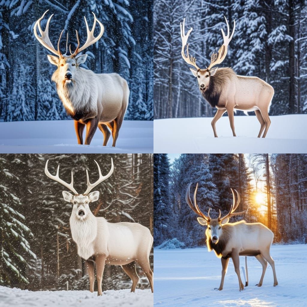 Majestic White Elk in Snowy Forest at Sunset