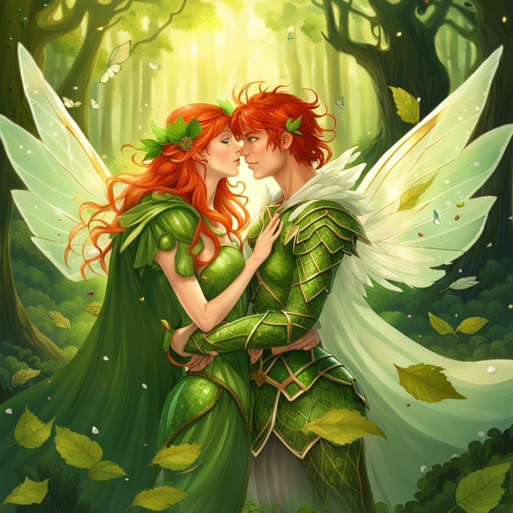 Fairies Kissing in Enchanted Forest: Fantasy Concept Art