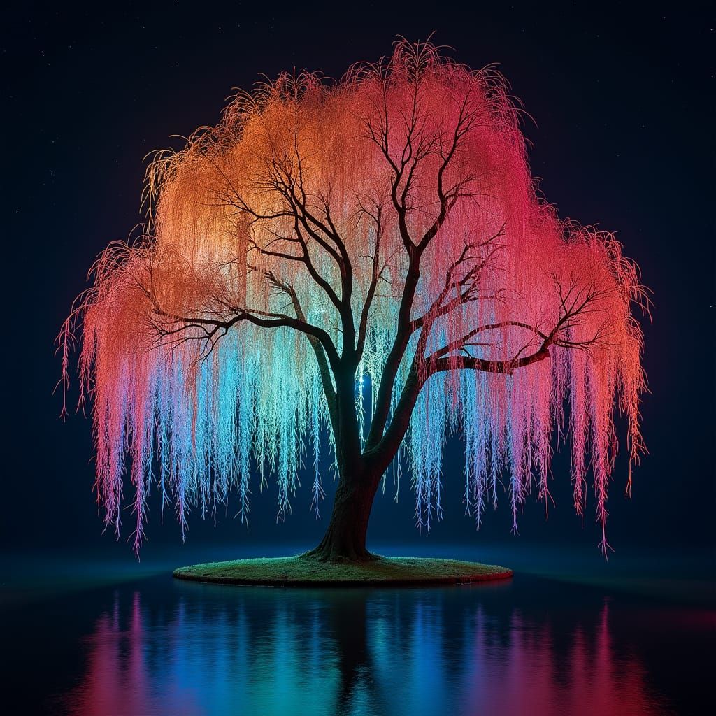 Colorful Weeping Willow Tree at Night