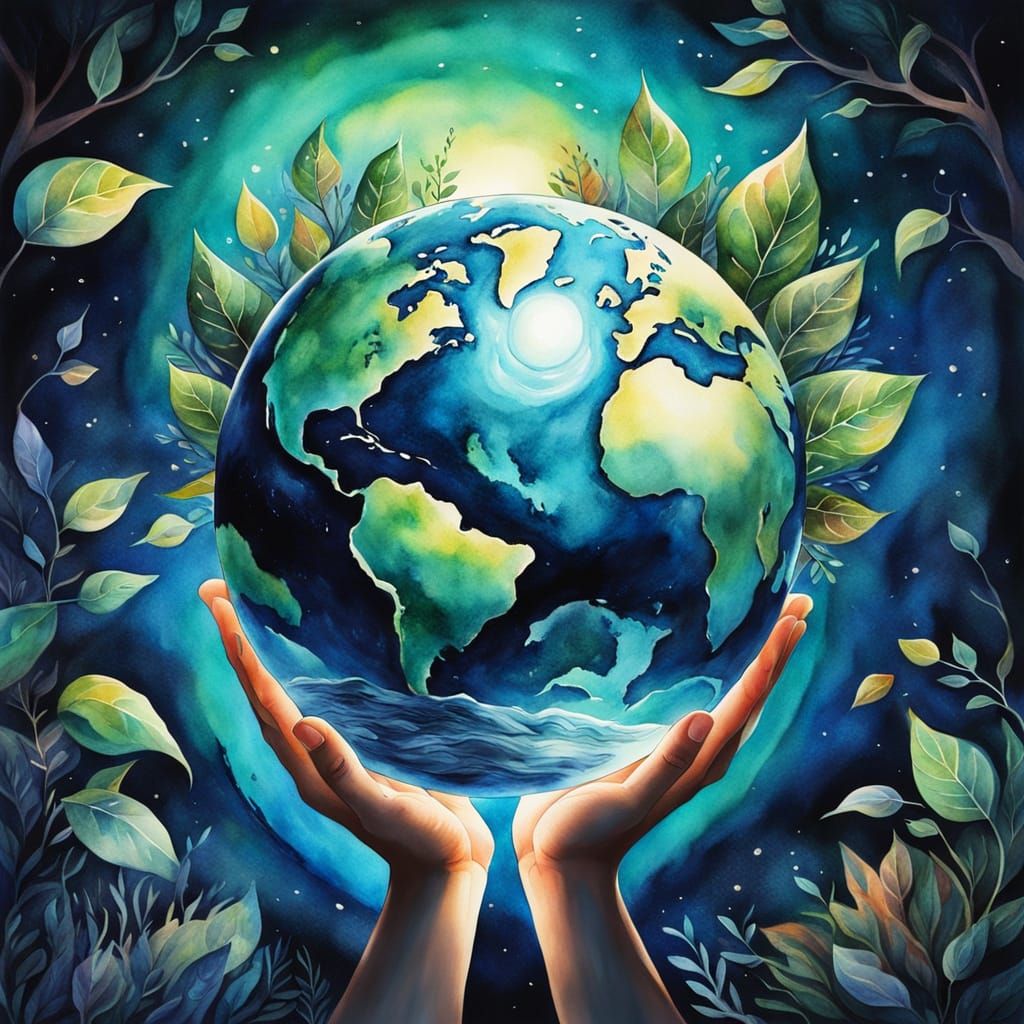 Glowing Earth Held in Hands: Surreal Watercolor Art