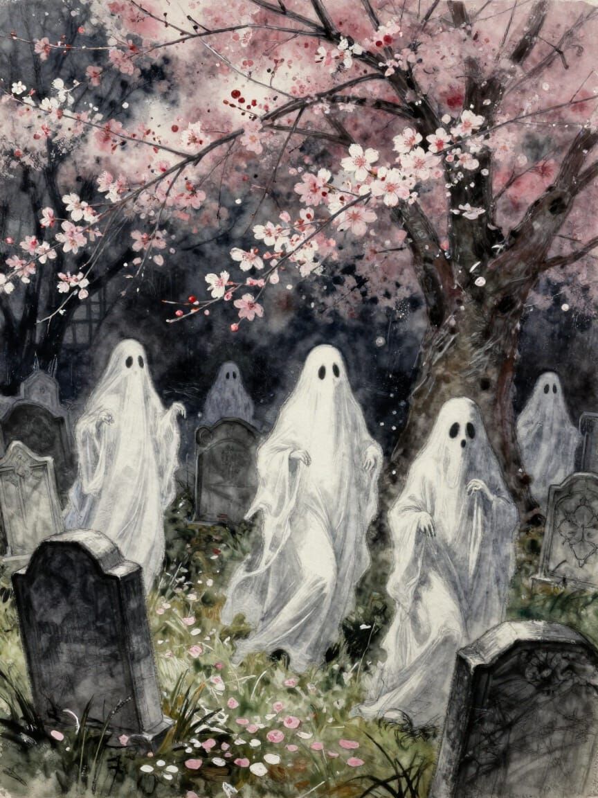 Ghostly Spirits in Midnight Graveyard Sketch