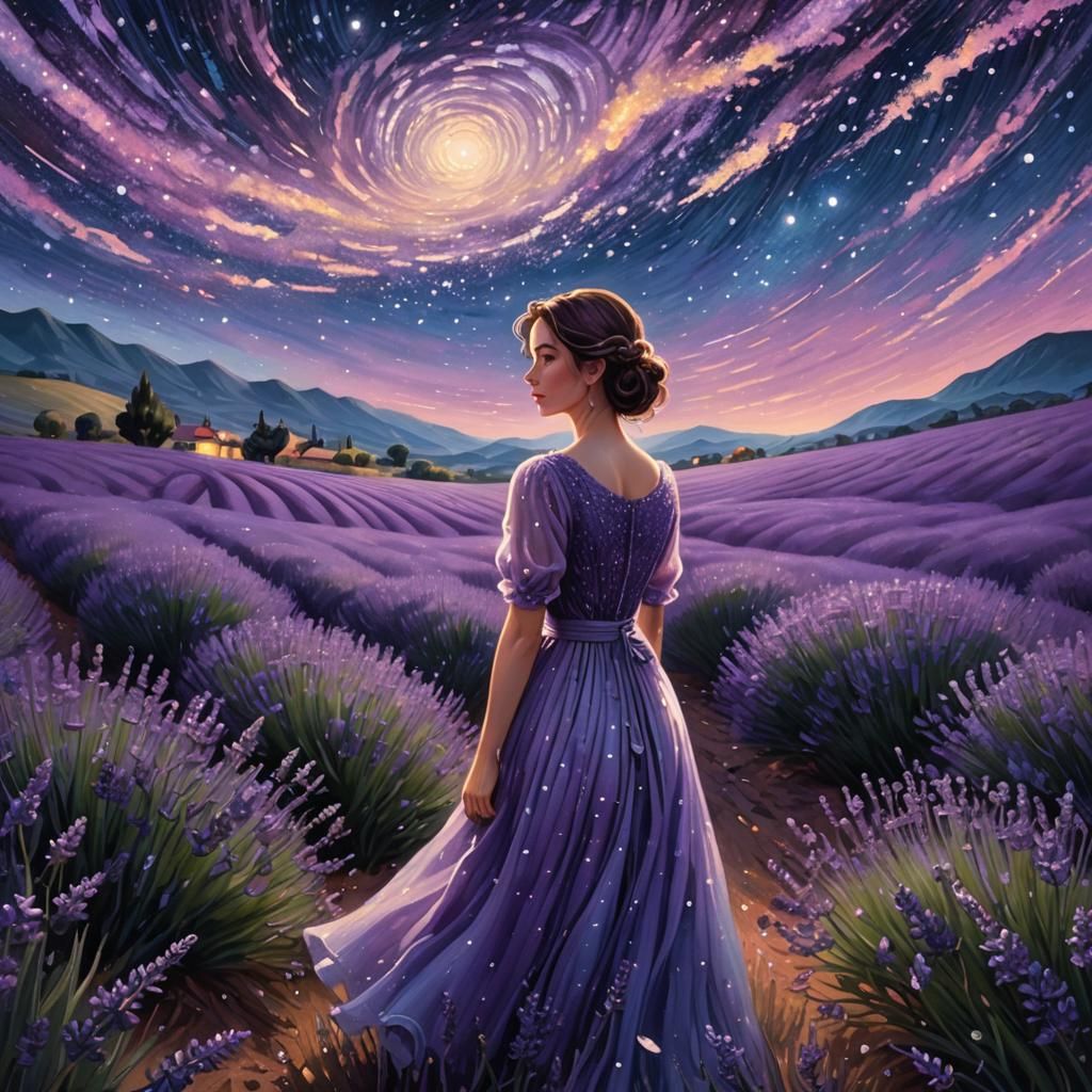 Woman Gazing at Starry Night Sky in Digital Art