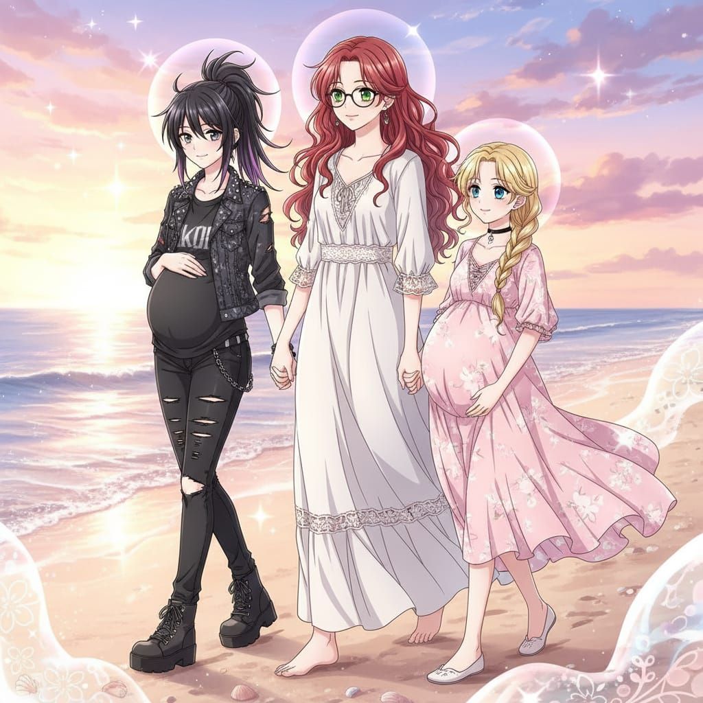 Shoujo Anime Beach Scene: Two Wives and Baby Bumps