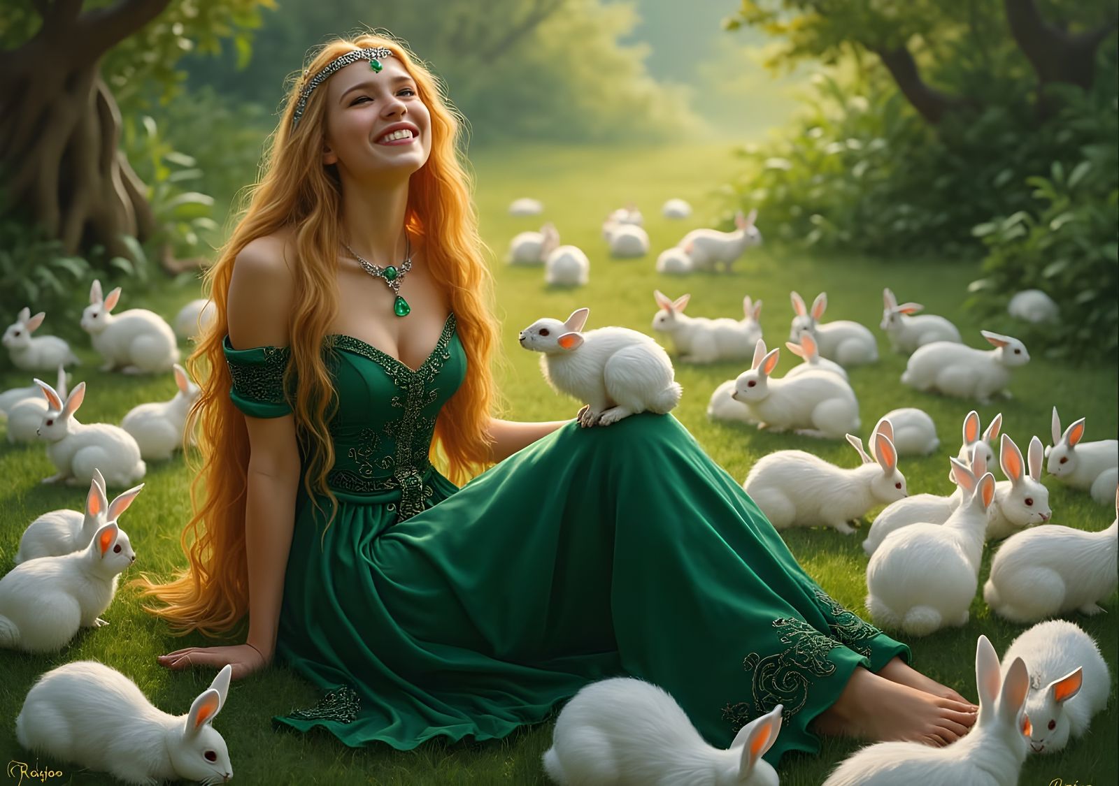 Fréyja, Norse Goddess Among Bunnies, as Oil Painting