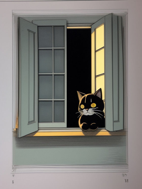 Vibrant Cat Windowsill Scene in Flat Manga Style