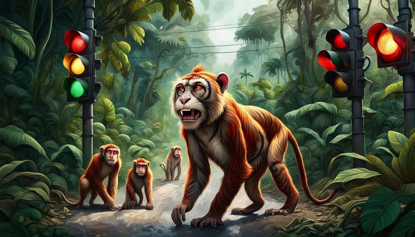 Jungle Traffic Light: Monkeys and Tigers in Gouache