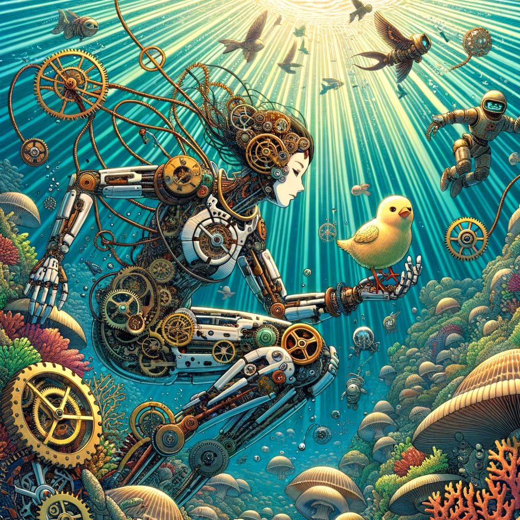 Underwater photography. A steampunk inventor mermaid with in...