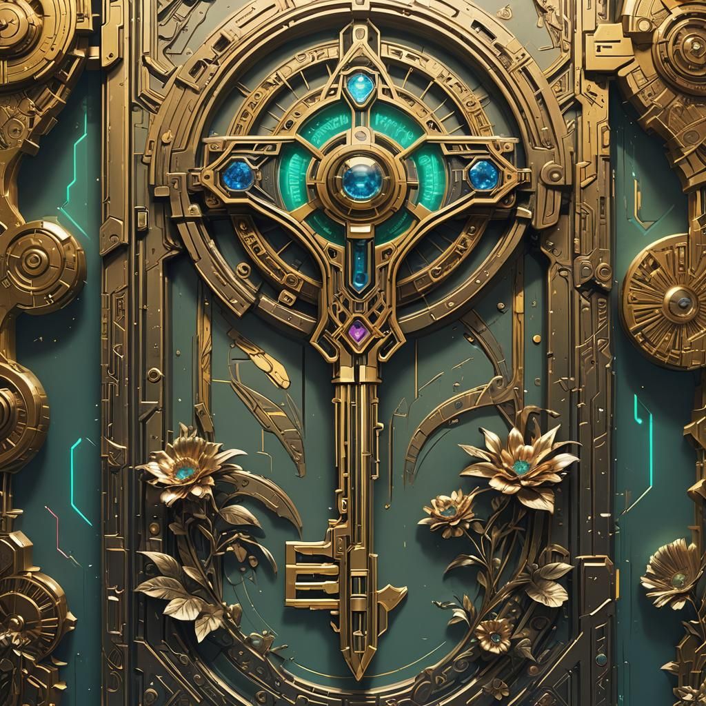 Ornate Golden Key Unlocks Cyberpunk Dreamland