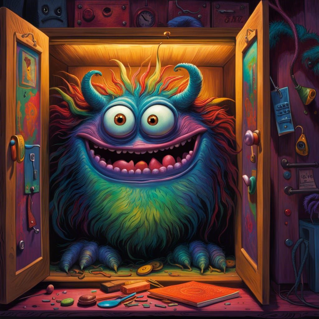 Silly Monster in Closet: Hyperrealistic Concept Art