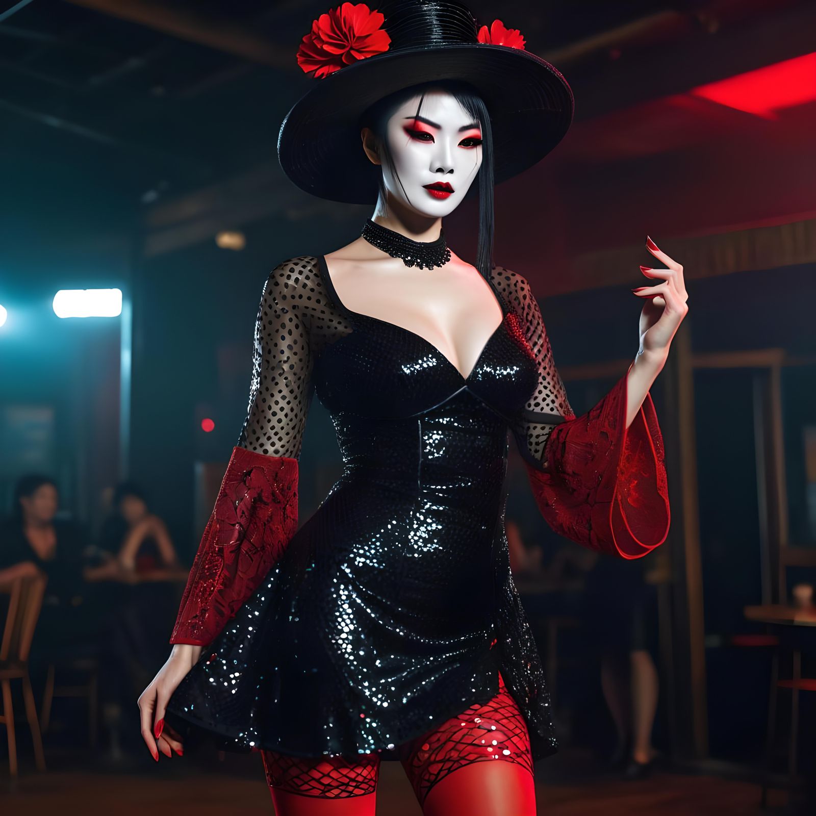 Goth Geisha Dances at Club in Cinematic Style