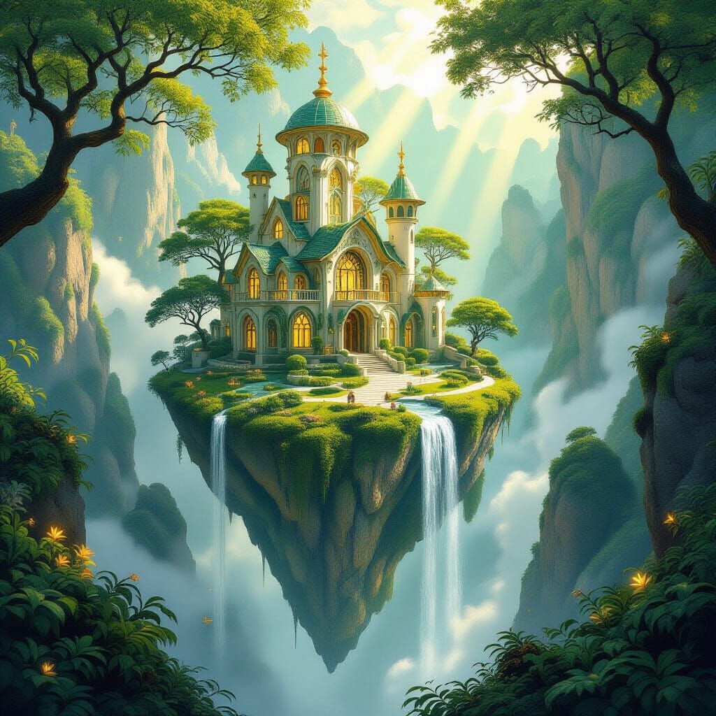 Art Nouveau Village on Floating Island with Waterfalls