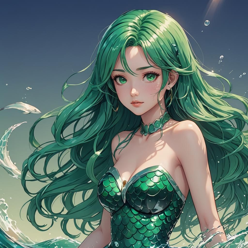 Anime Mermaid with Green Hair in Cel-Shaded Style