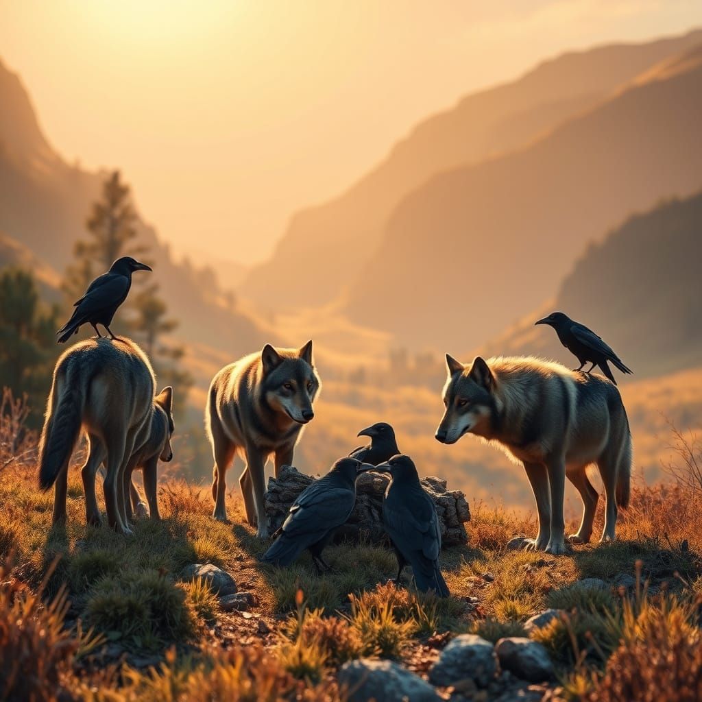 Wolves and Ravens Feast in Sunlit Dakota Valley