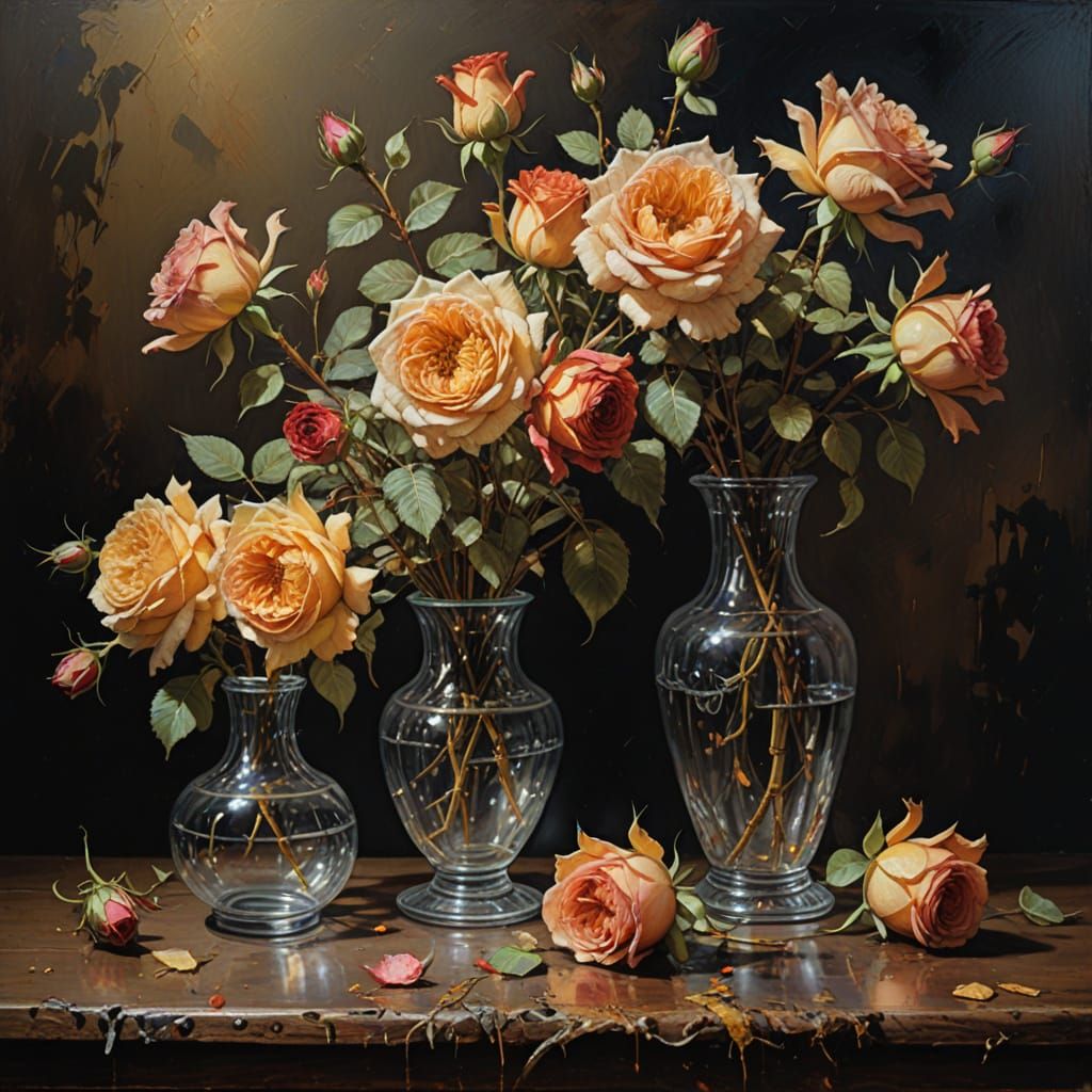 Floral Still Life Oil Painting with Glass Vases