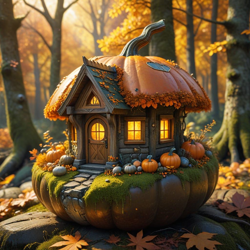 Tiny Cabin Inside Pumpkin, Autumn Fantasy Art