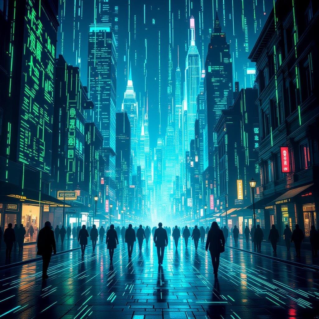 Futuristic Cityscape of Code and Data Streams