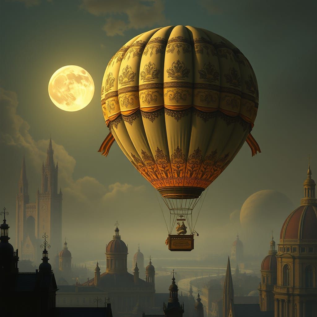 Rococo Hot Air Balloon Floats by the Moon