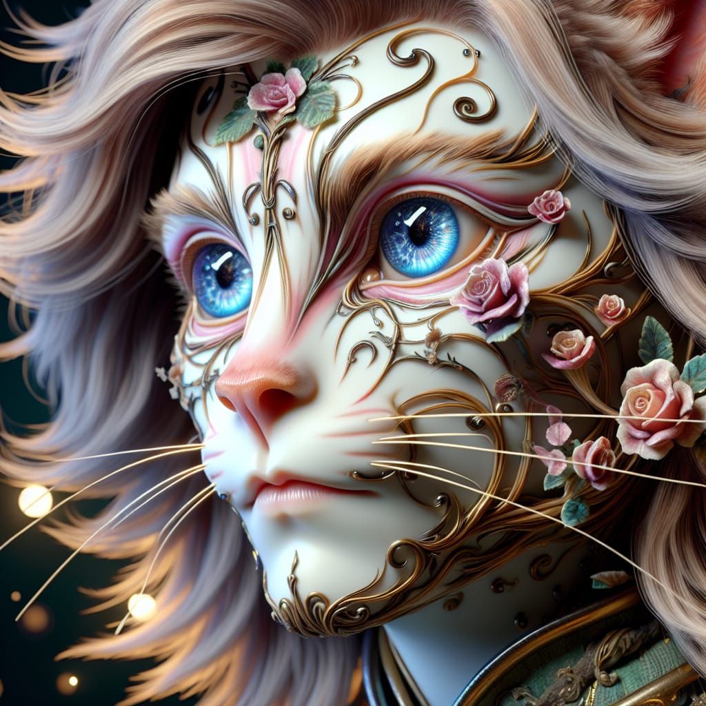 Porcelain Child-Cat Hybrid with Floral Face