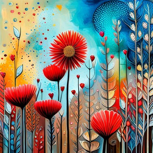 Floral Mixed Media Painting with Intricate Details