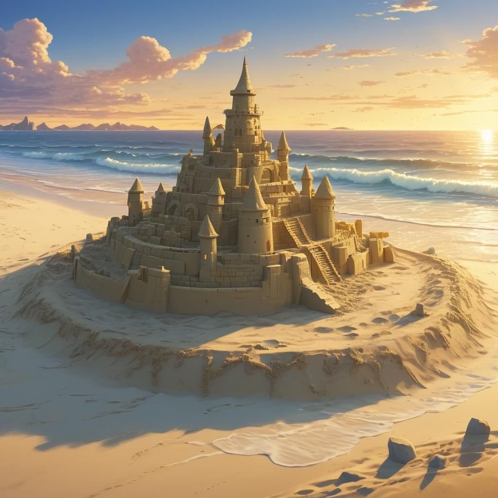 Pikachu Builds Sandcastle: Anime Style Sunset