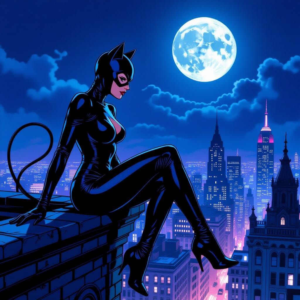 Catwoman on Gothic Rooftop Overlooking Neon City