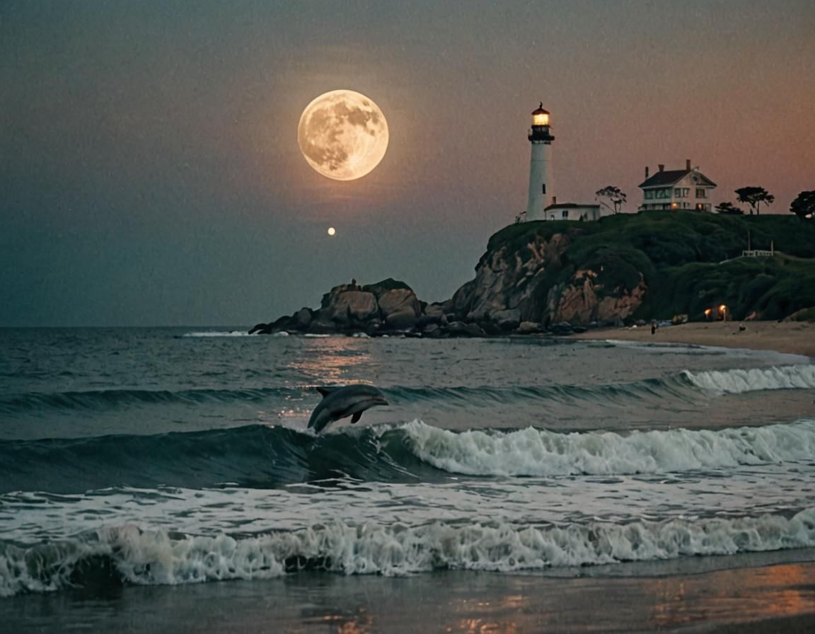 Dolphin, Beach, and Lighthouse in Cinematic Lighting