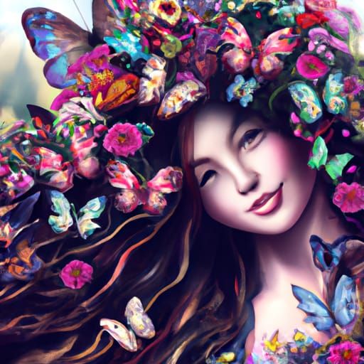 Floral Spring Girl Portrait in Art Nouveau Style