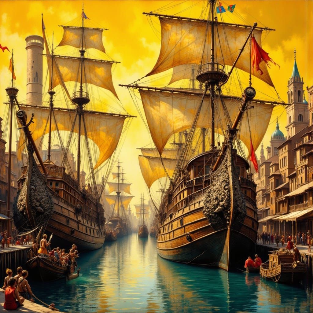 Bustling Ancient Port with Sailing Ships as Impasto Painting