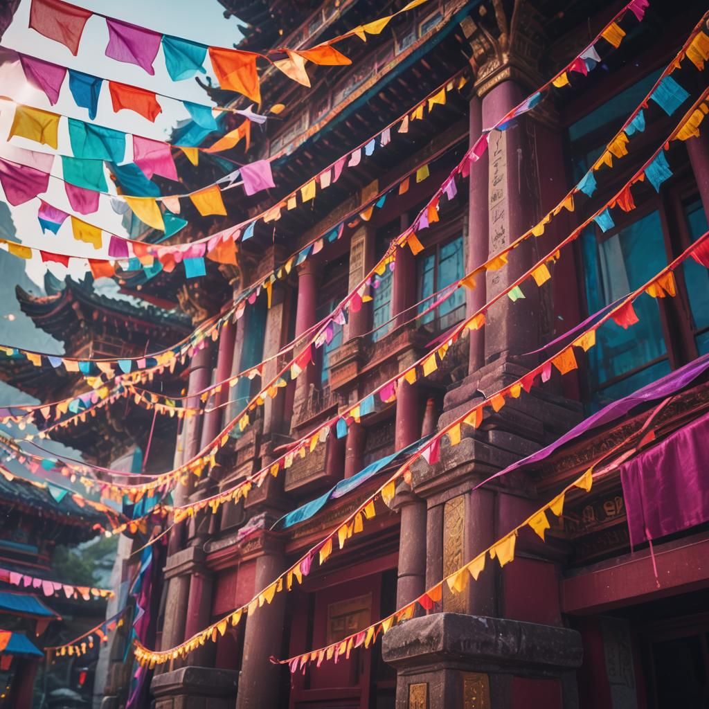 a temple adorned with Tibetan prayer flags 2