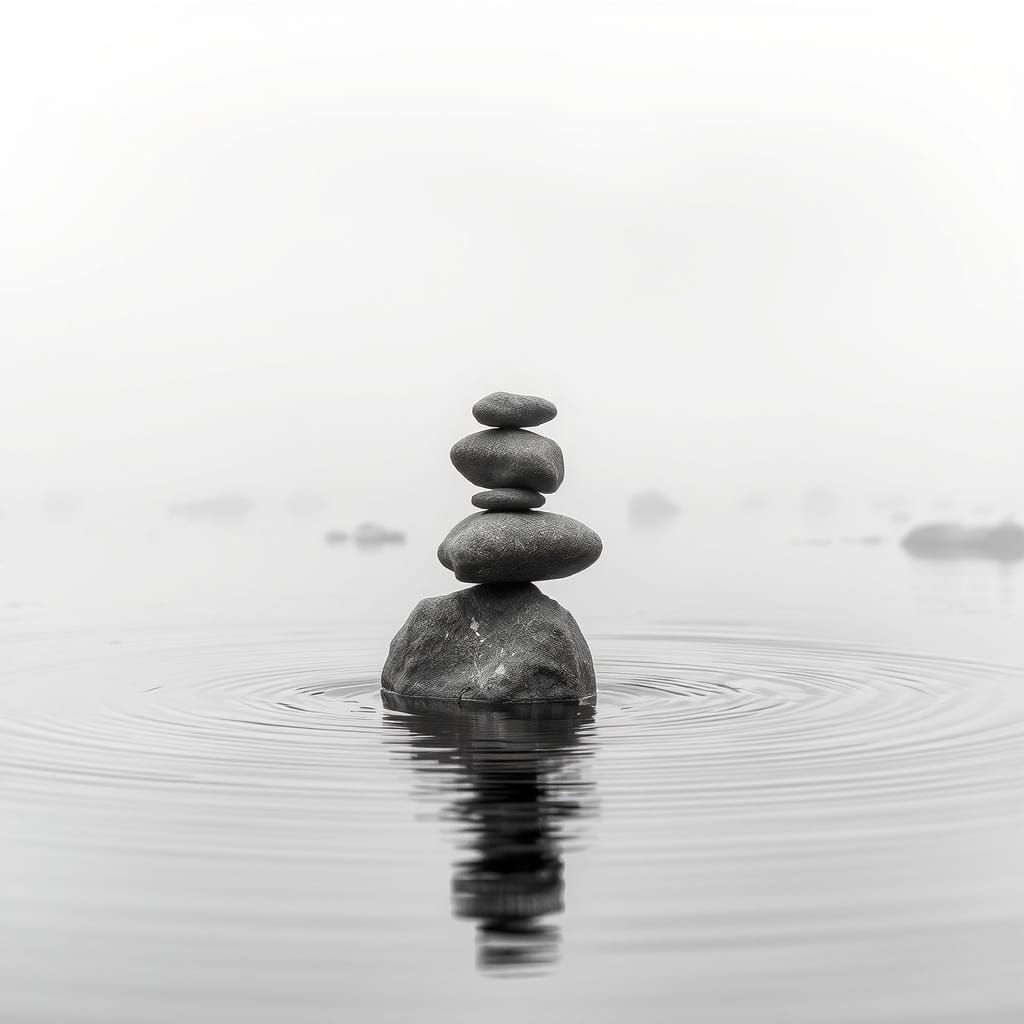 Zen Stone Balance Over Misty Pond