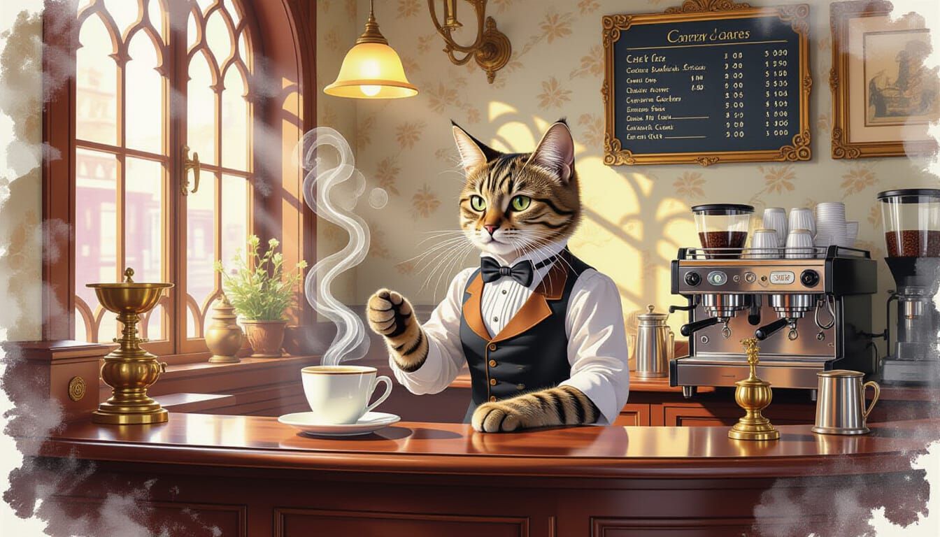 Victorian Cat Barista in Surreal Watercolor Style