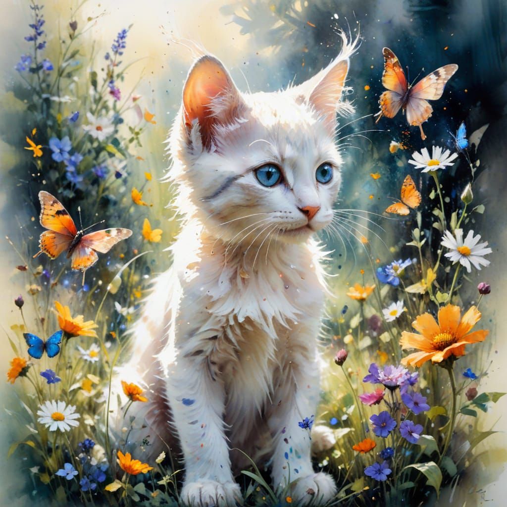 Playful Kitten in Sunlit Butterfly Garden