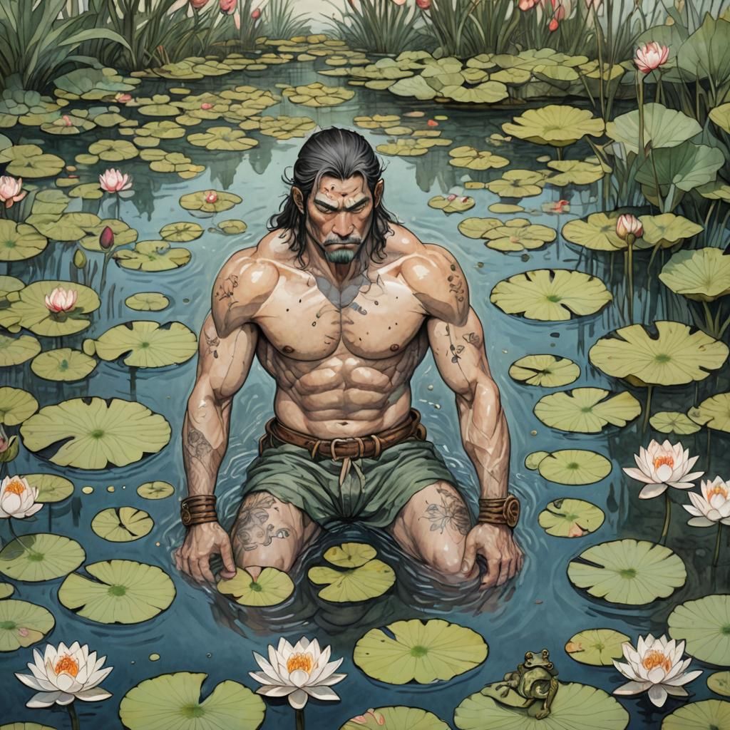 Barbarian in Pond with Lotus Blossoms, Watercolour