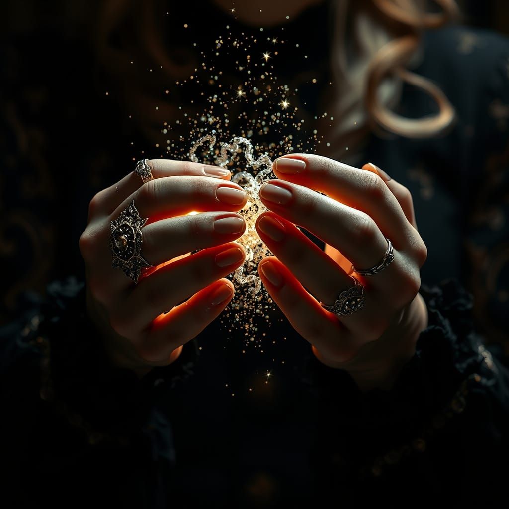 Elegant Woman Amidst Whirling Stardust in Victorian Study