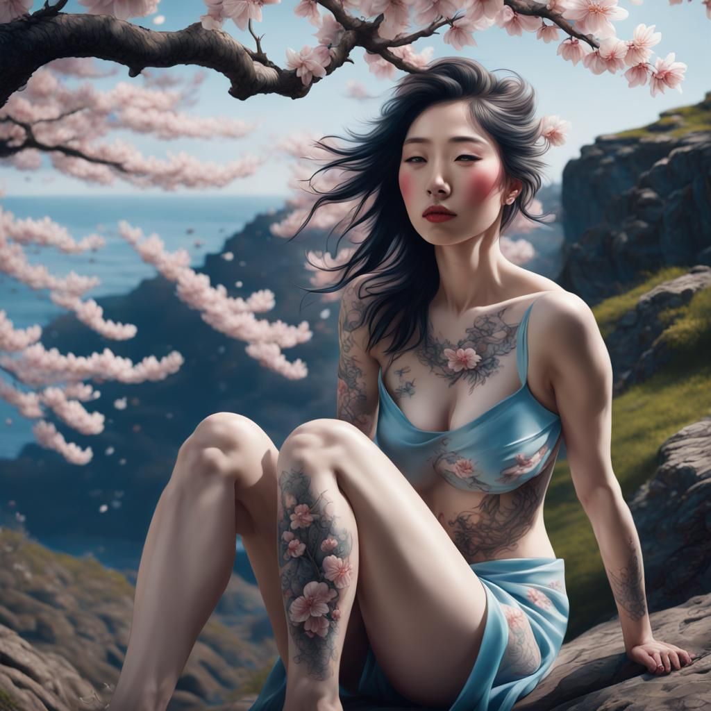 Woman with Cherry Blossom Tattoo in Digital Art