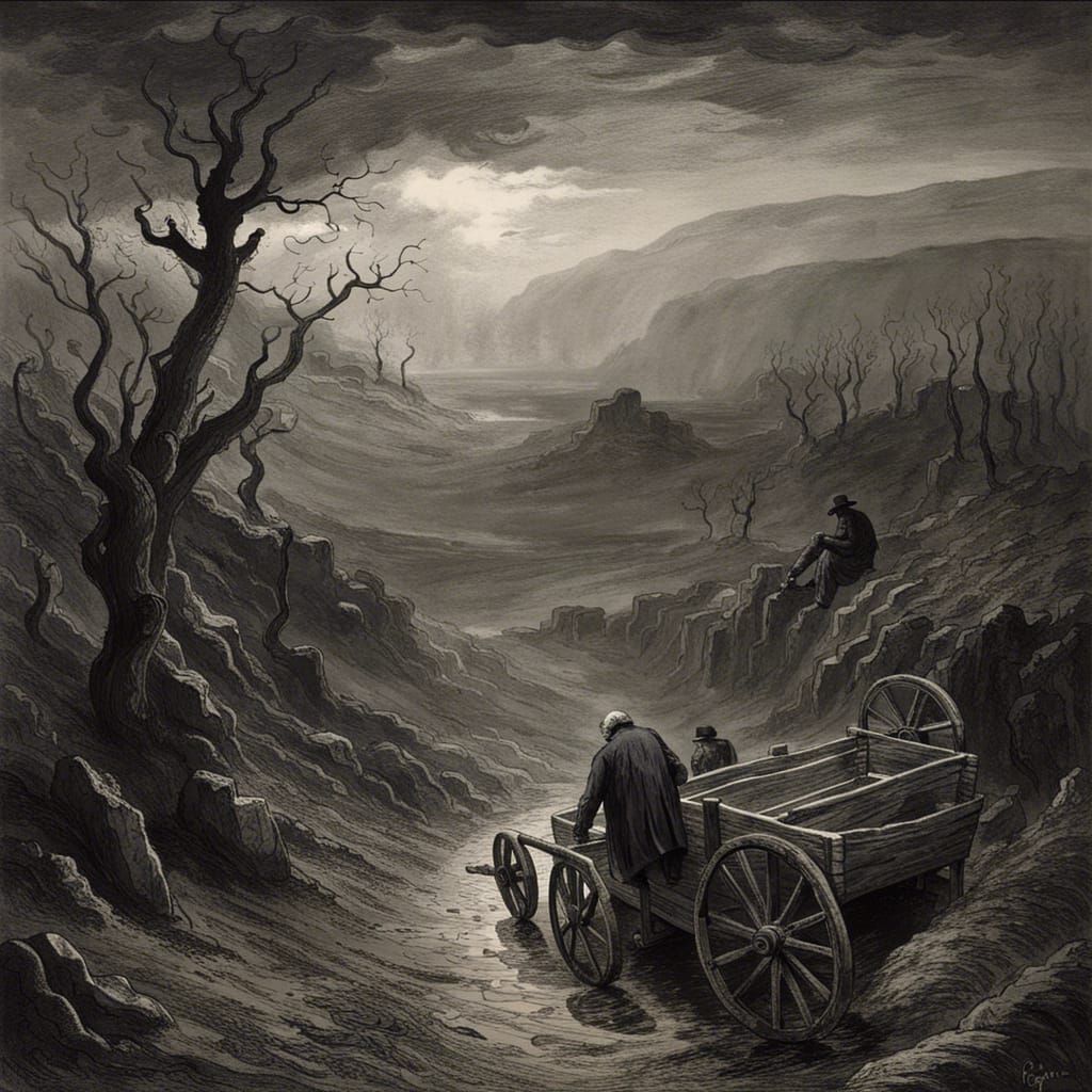 Gloomy Canyon with Cart in Grayscale Horror Style