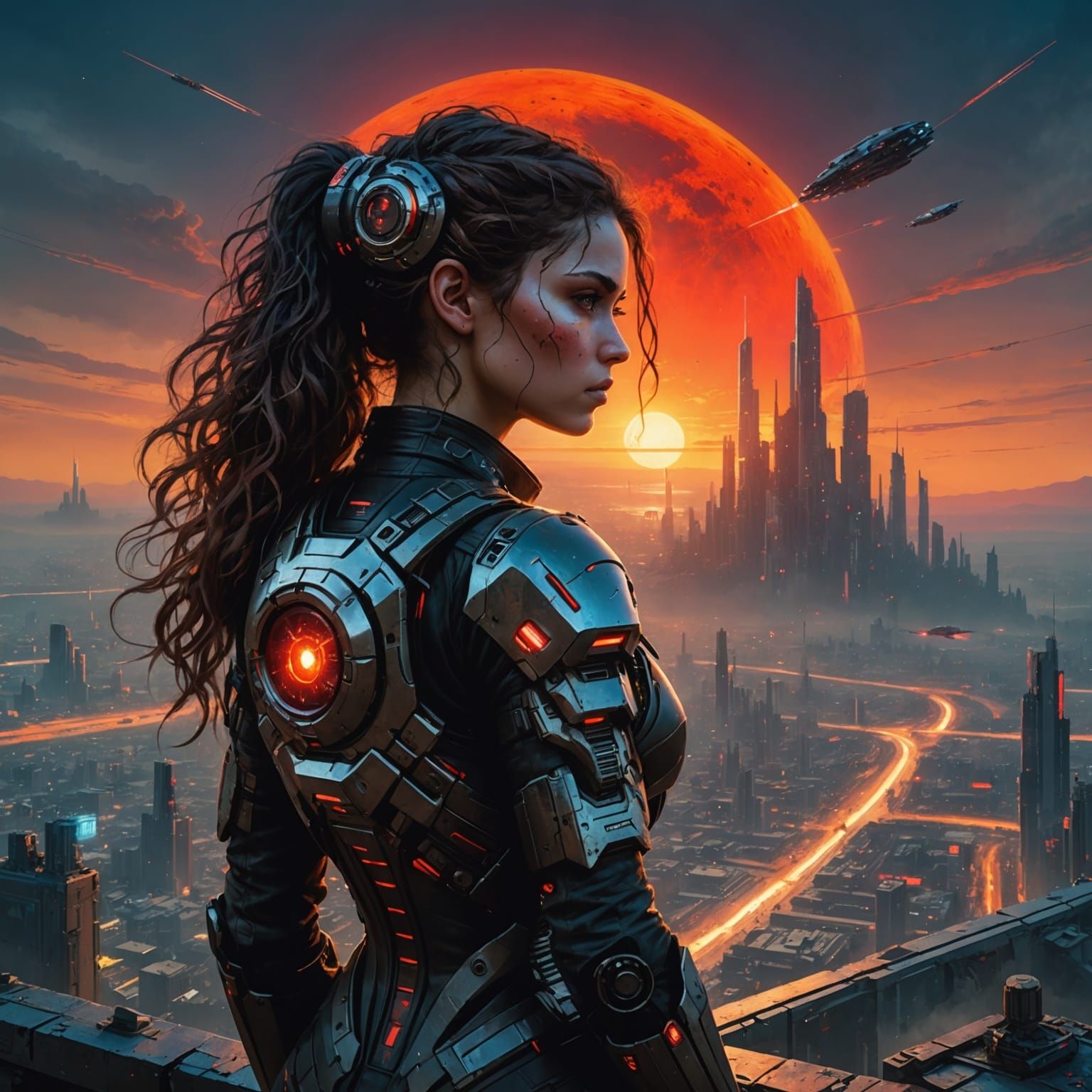 Cyborg Sunset in Cyberpunk Cityscape