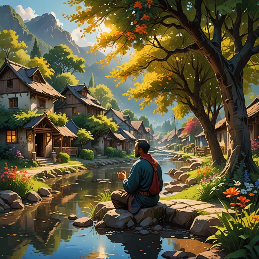 Serene Village Life in Vibrant Colors