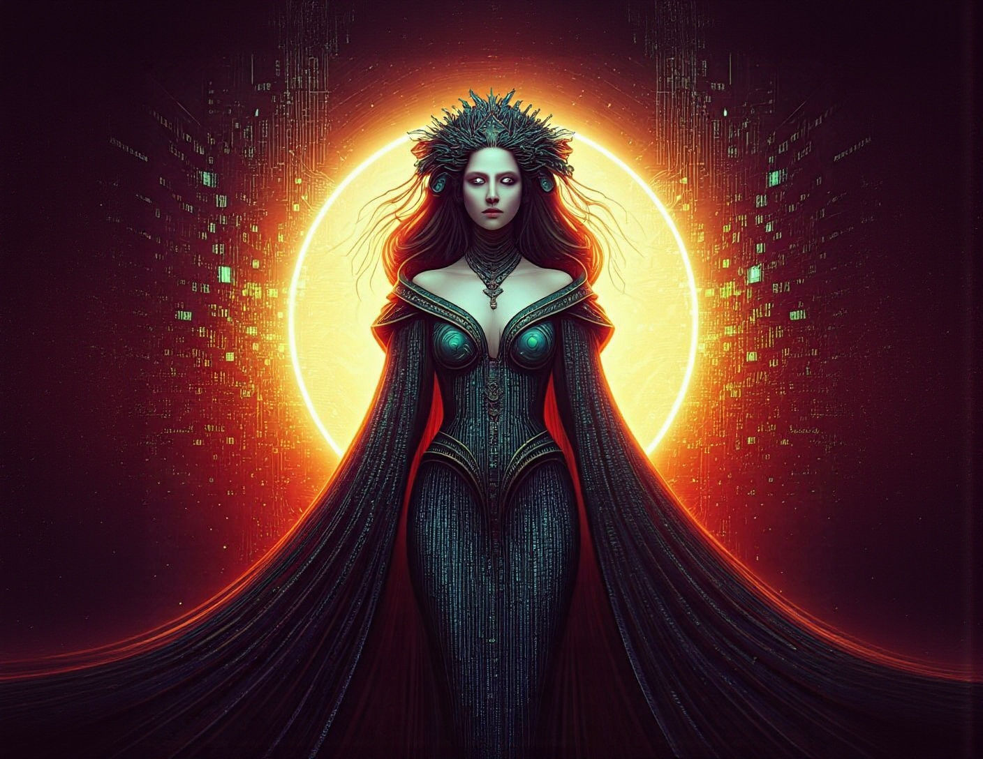 Digital Oracle in Binary Gown Before Shimmering Portal