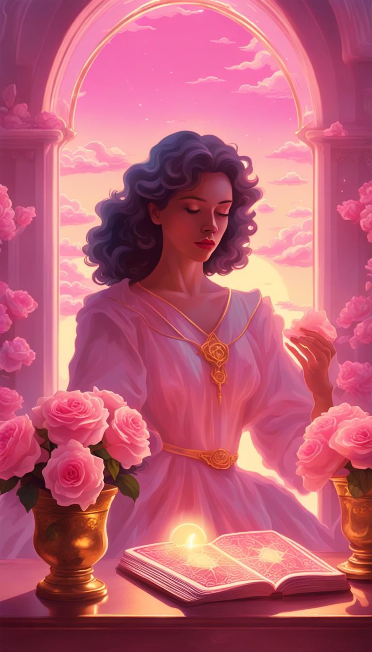 Vaporwave Sorceress with Tarot Cards and Golden Book